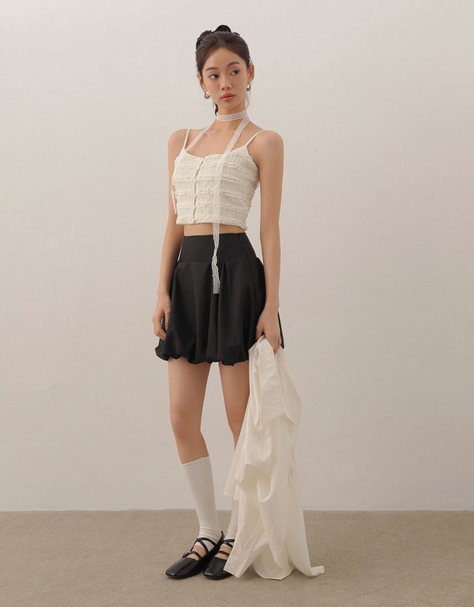 Layered Ruffle Lace Trim Button Up Cropped Cami Top