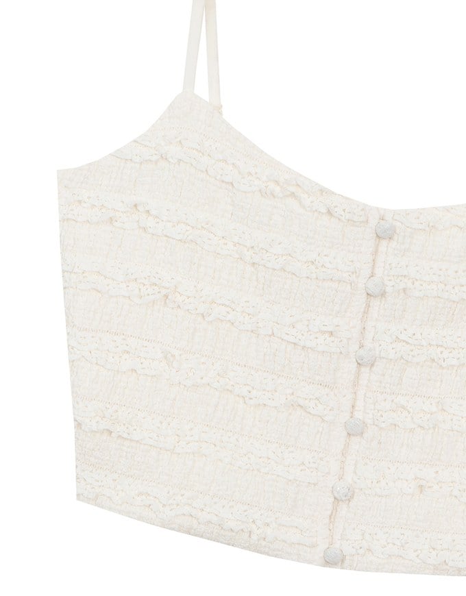 Layered Ruffle Lace Trim Button Up Cropped Cami Top