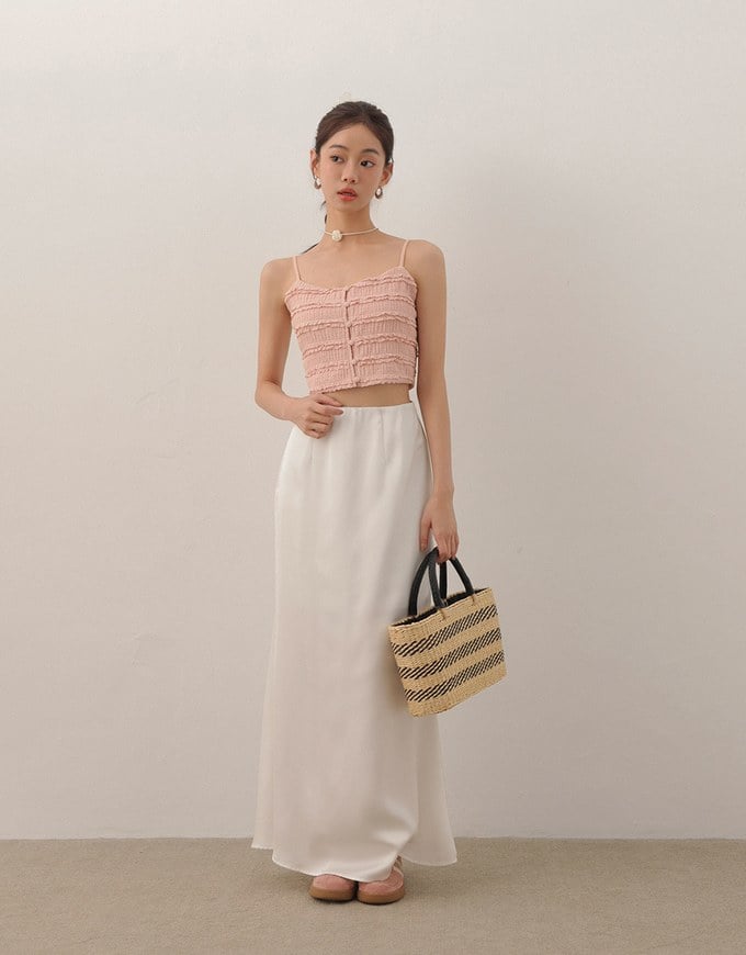 Layered Ruffle Lace Trim Button Up Cropped Cami Top