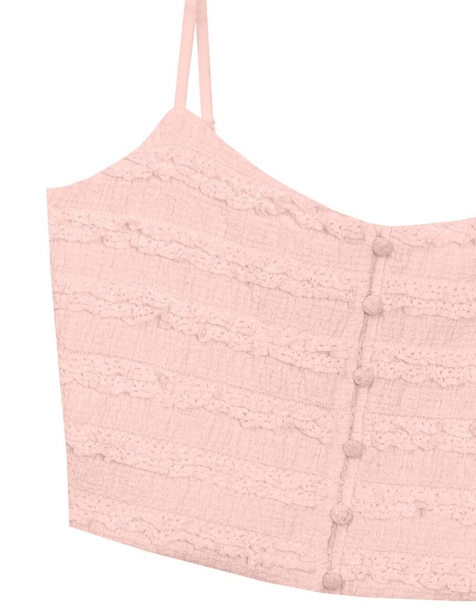 Layered Ruffle Lace Trim Button Up Cropped Cami Top