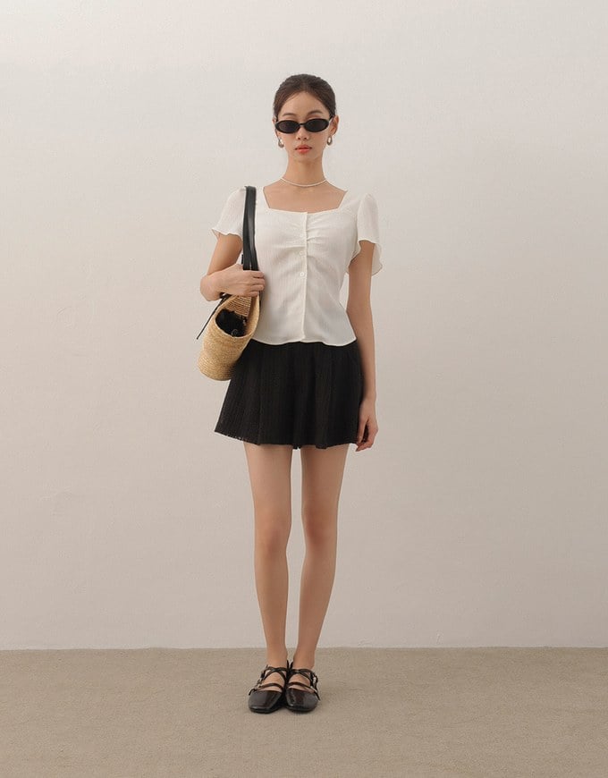 Textured Top with Adjustable Waistline Square Neck Work Blouse Style