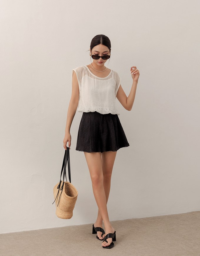 Faux 2 Piece Sleeveless Layered Mesh Top with Soft Knit Texture