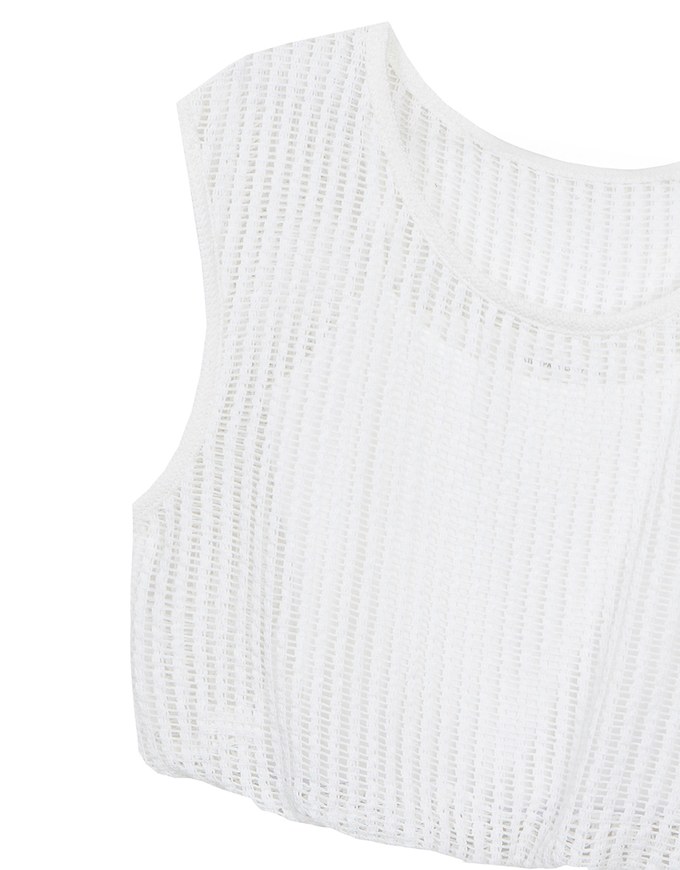Faux 2 Piece Sleeveless Layered Mesh Top with Soft Knit Texture