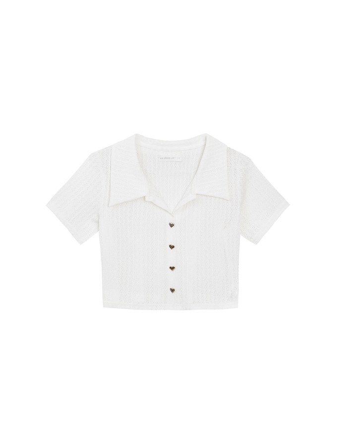 Sheer Knit Cropped Shirt with Heart Buttons and Lapel Collar