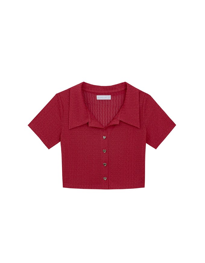 Sheer Knit Cropped Shirt with Heart Buttons and Lapel Collar