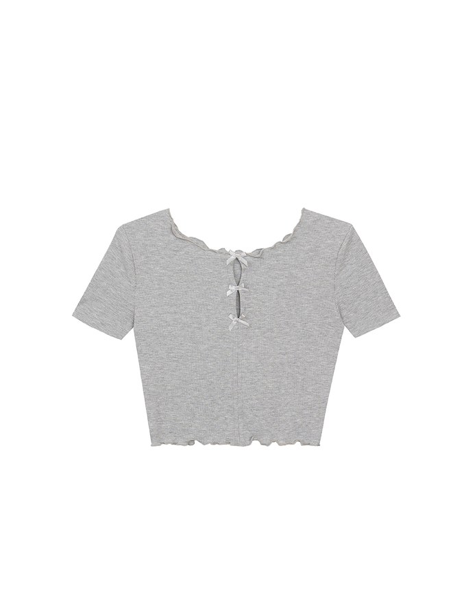Ribbon Cut Out Ribbed Crop Top with Lettuce Hem