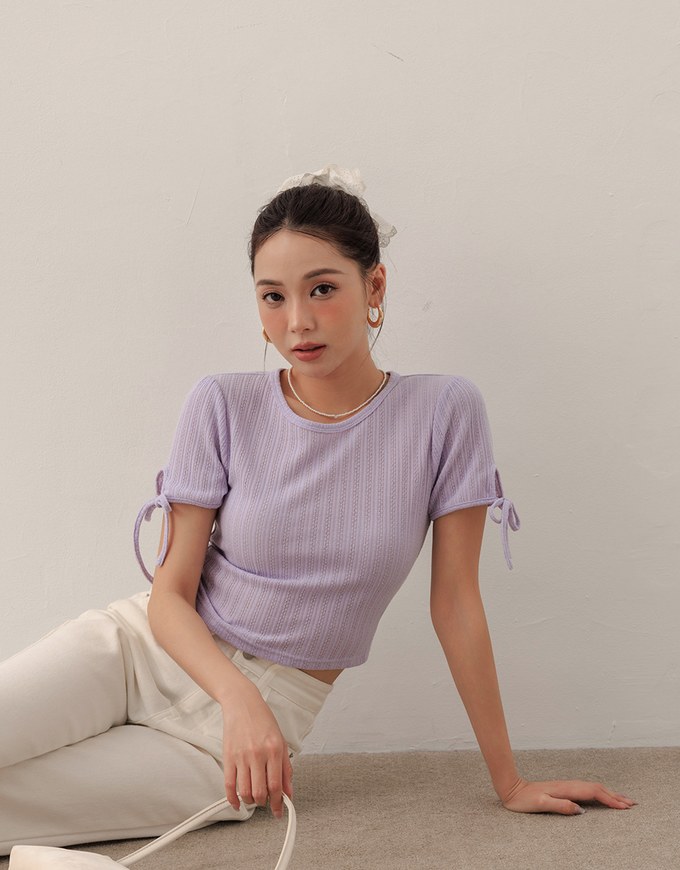 Sheer Stripe Texture Ribbed Top with Drawstring Cuff Sleeves Detail