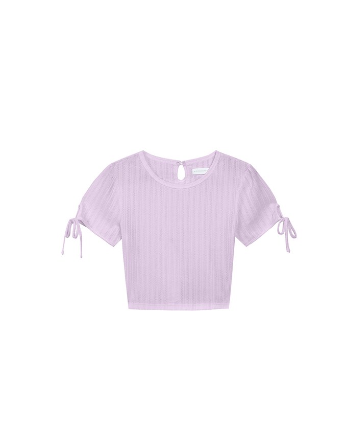 Sheer Stripe Texture Ribbed Top with Drawstring Cuff Sleeves Detail