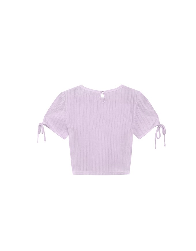 Sheer Stripe Texture Ribbed Top with Drawstring Cuff Sleeves Detail