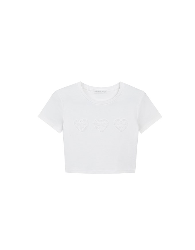 Short Sleeve Cropped Tee with Heart Bow Lace Patch Detail