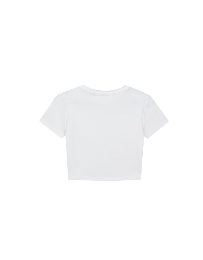 Short Sleeve Cropped Tee with Heart Bow Lace Patch Detail