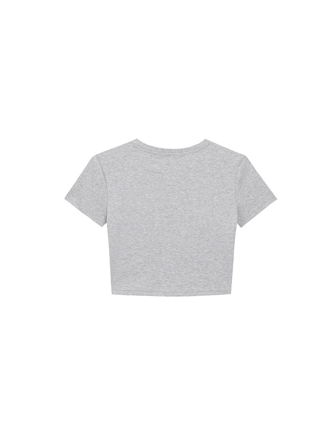 Short Sleeve Cropped Tee with Heart Bow Lace Patch Detail