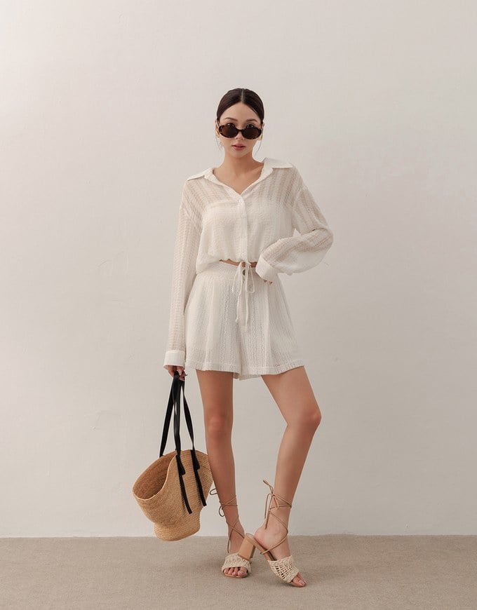 Sheer Gingham Bubble Long Sleeve Blouse with Drawstring Hem