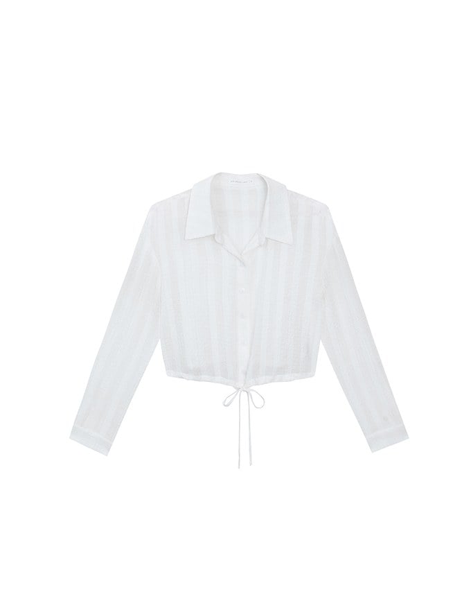 Sheer Gingham Bubble Long Sleeve Blouse with Drawstring Hem