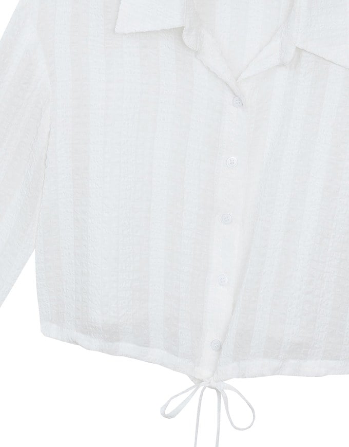 Sheer Gingham Bubble Long Sleeve Blouse with Drawstring Hem