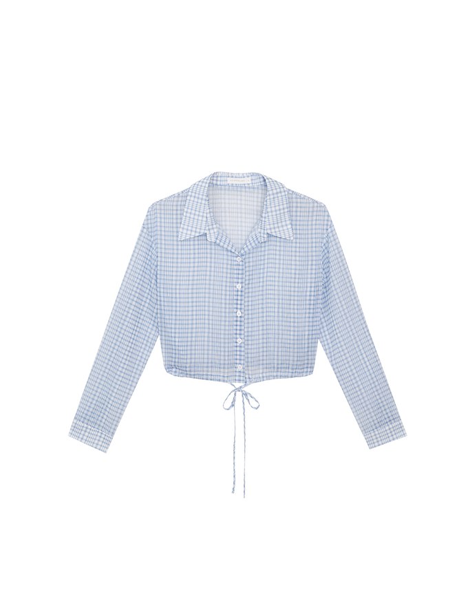 Sheer Gingham Bubble Long Sleeve Blouse with Drawstring Hem