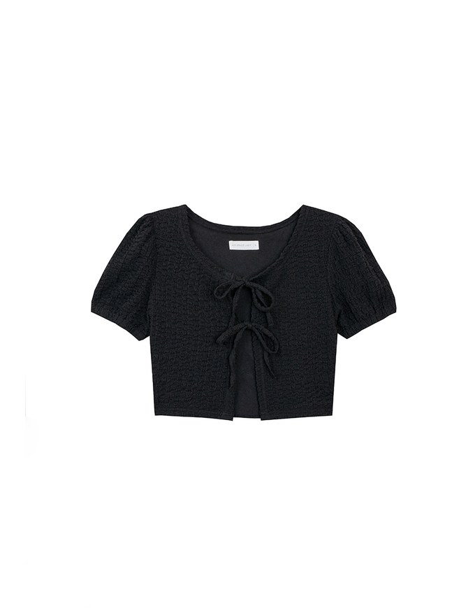 Crinkled Texture Open Front Top with Ribbons
