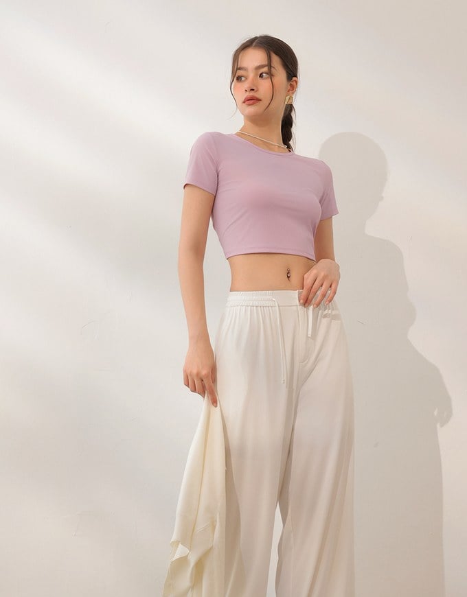Cooling Fabric Open Back Ribbon Tie Crop Top