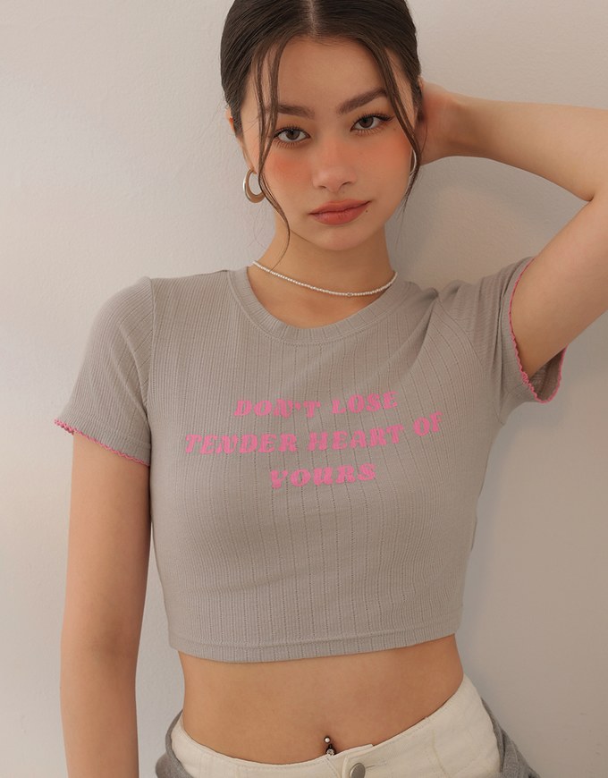 Slogan Print Ribbed Cropped Tee with Contrast Lettuce Hem Trim