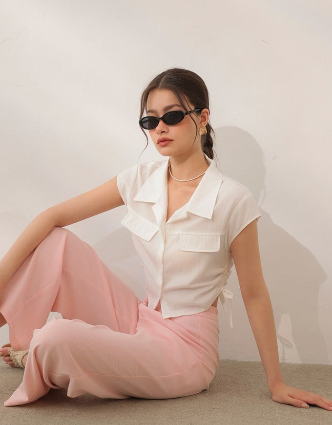 Collared Short Sleeve Blouse with Side Tie Ruched Details