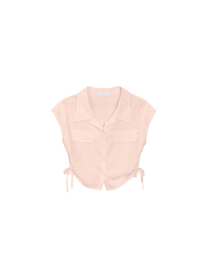 Collared Short Sleeve Blouse with Side Tie Ruched Details