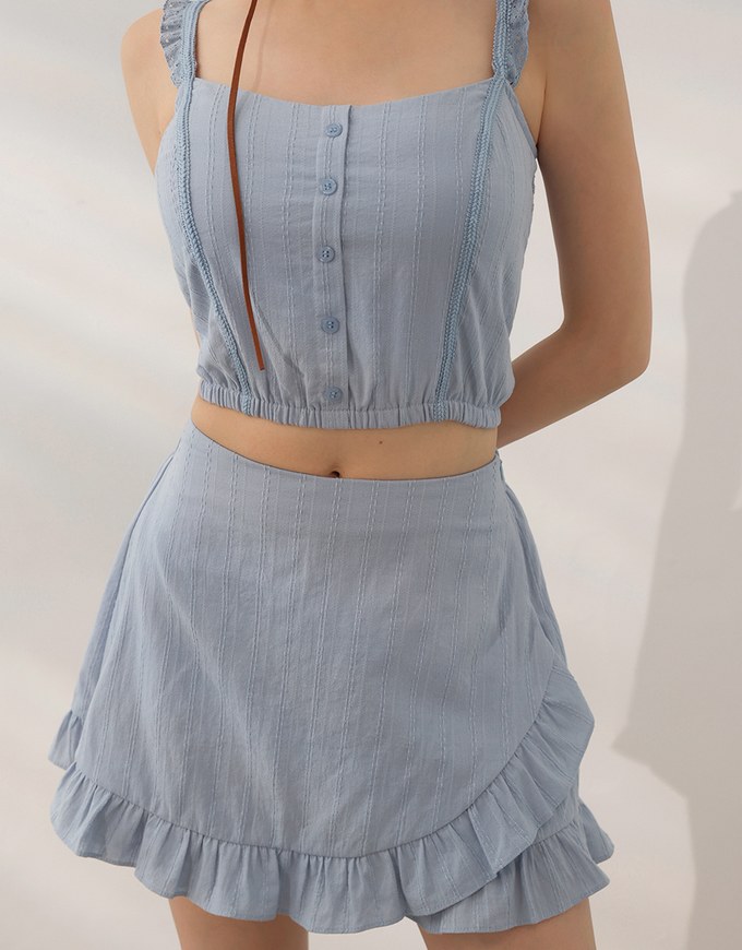 Lace Trim Strap Pintuck Texture Button Front Camisole Top