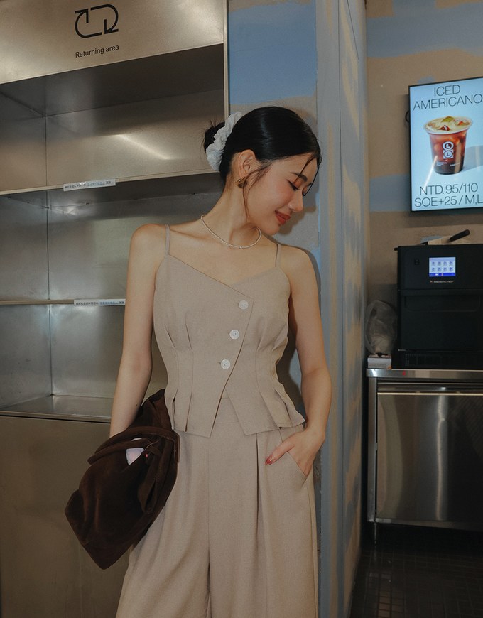 Asymmetric Neckline Button Up Pleated Spaghetti Strap Camisole Top