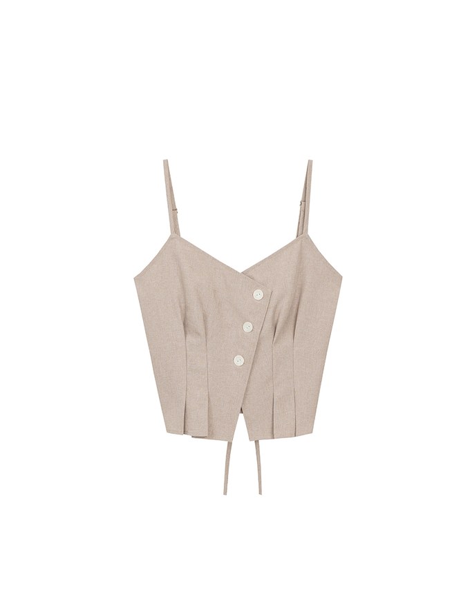 Asymmetric Neckline Button Up Pleated Spaghetti Strap Camisole Top