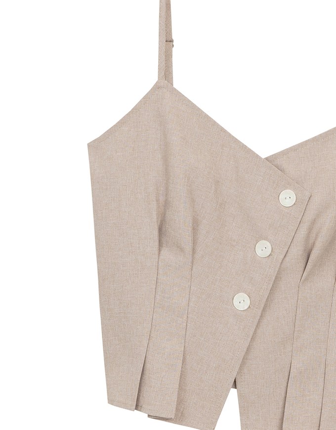 Asymmetric Neckline Button Up Pleated Spaghetti Strap Camisole Top