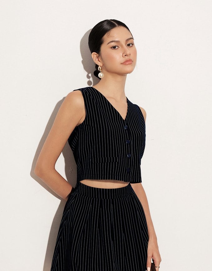 Pinstripe V Neck Buttoned Crop Blazer Vest Top