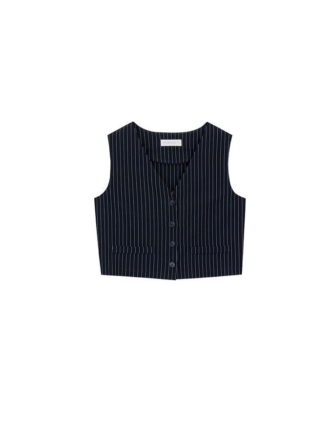 Pinstripe V Neck Buttoned Crop Blazer Vest Top