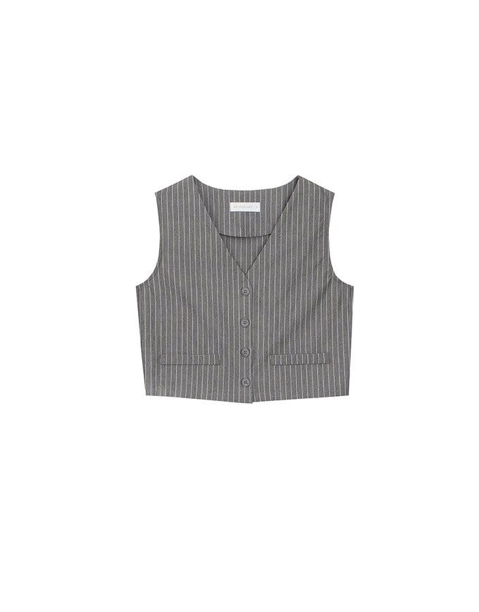 Pinstripe V Neck Buttoned Crop Blazer Vest Top