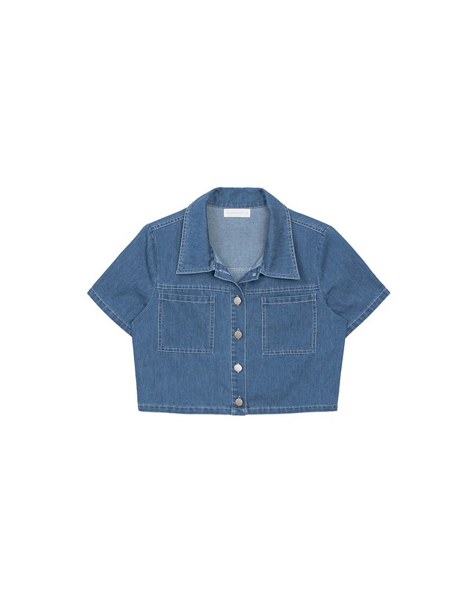 Casual Collared Cropped Jeans Denim Shirt Jacket with Front Flap Pockets