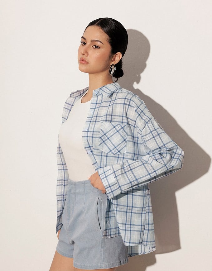 Long Sleeve Oversized Checkered Flannel Shirt Blouse