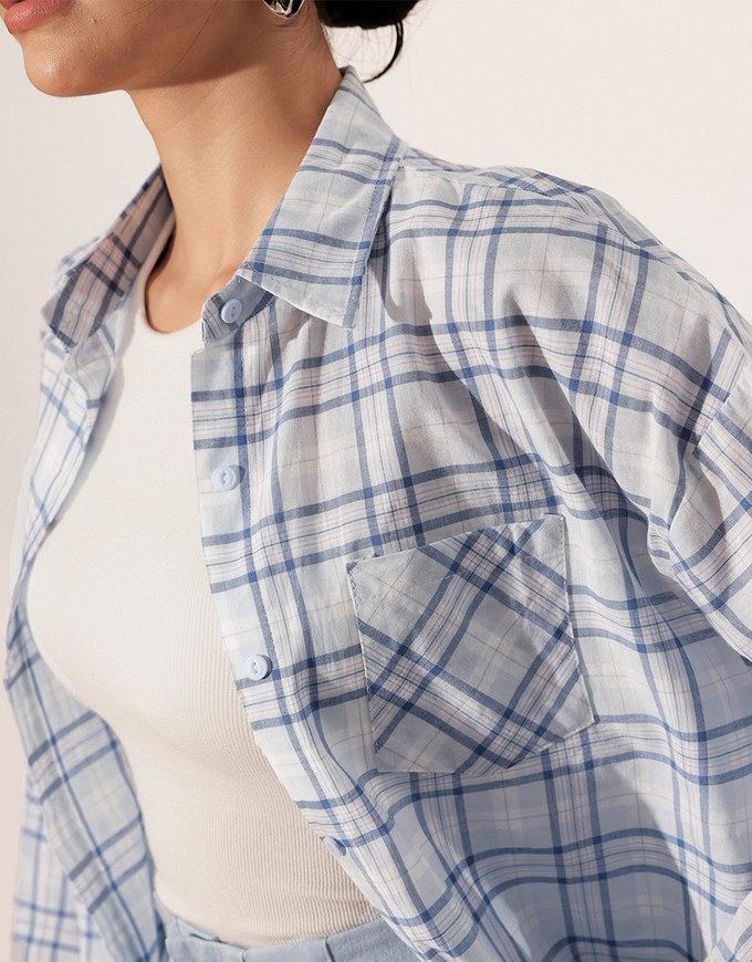Long Sleeve Oversized Checkered Flannel Shirt Blouse