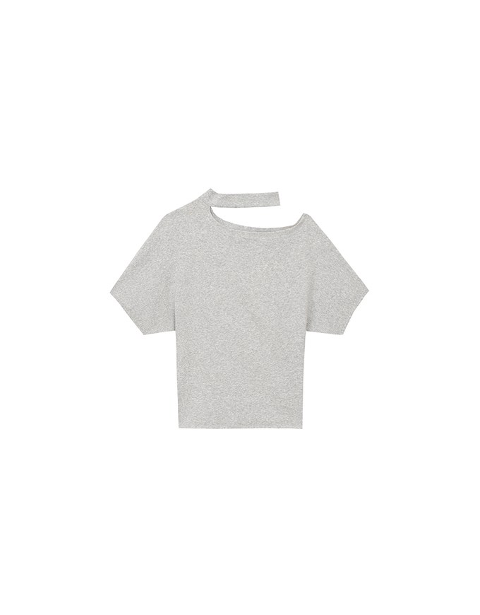 Mock Neck Asymmetric One Shoulder Knit Top with Detachable Pearl Neck Strap