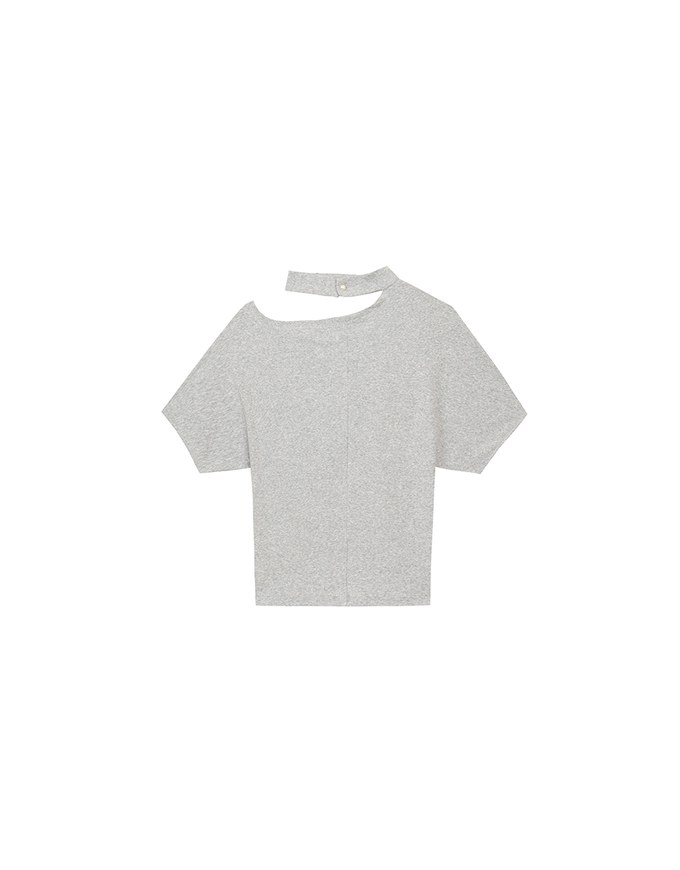 Mock Neck Asymmetric One Shoulder Knit Top with Detachable Pearl Neck Strap