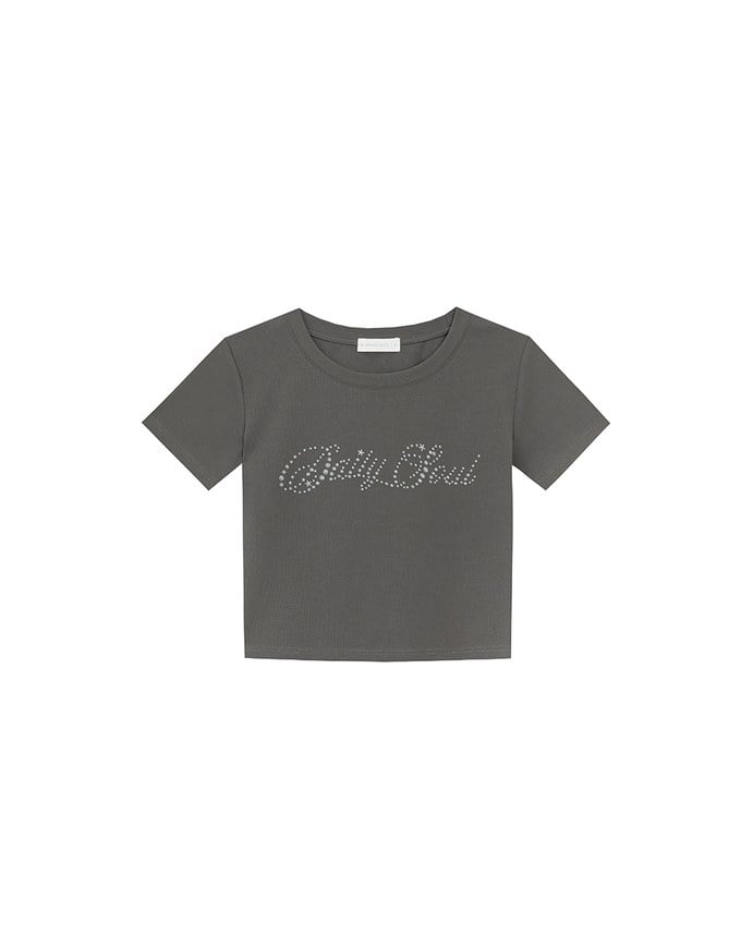Short Sleeve Rhinestone Lettering Fitted Cropped Tee