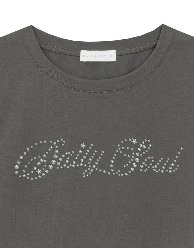 Short Sleeve Rhinestone Lettering Fitted Cropped Tee