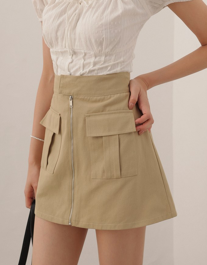 Front Zip Up A LineMini Skirt with Cargo Inspired Flap Pockets