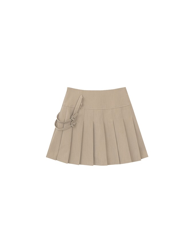 High Waist Pleated A Line Mini Skirt with Double Side Buckle
