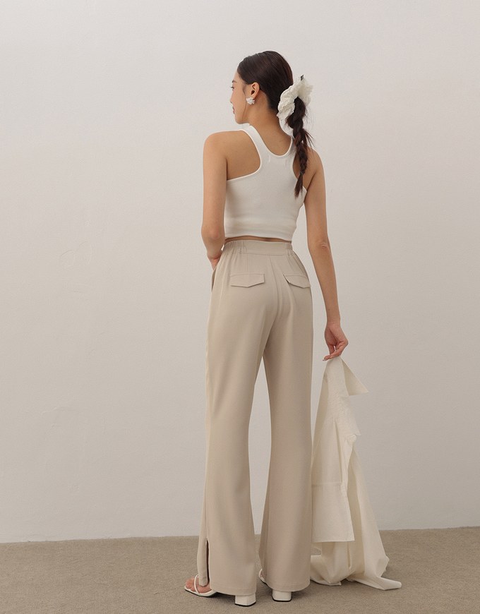 AIRY HOURGLASS Minimal High Waist Flare Pants with Front Side Slit Detail