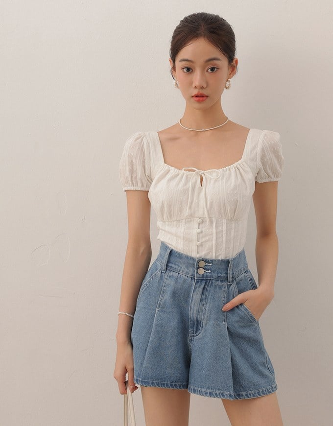 Double Button Pleated High Waist Wide Leg Jeans Denim Shorts with Back Elastic Detail