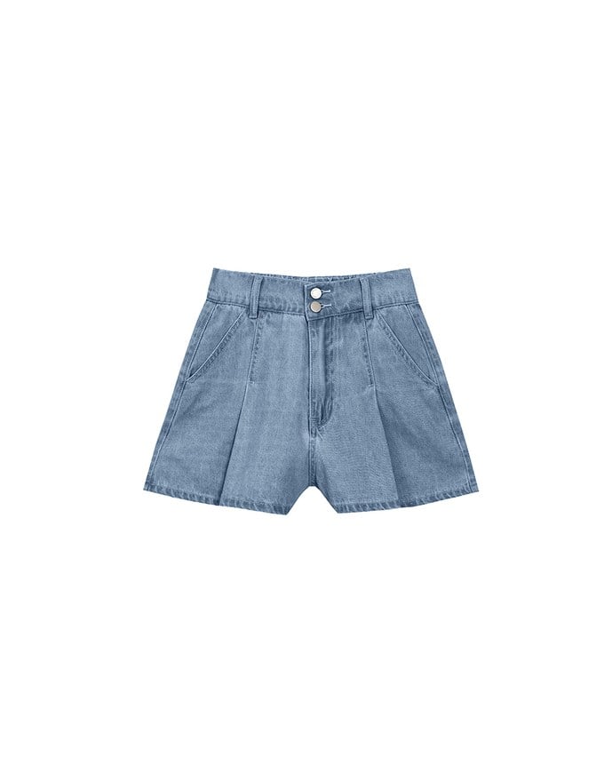 Double Button Pleated High Waist Wide Leg Jeans Denim Shorts with Back Elastic Detail