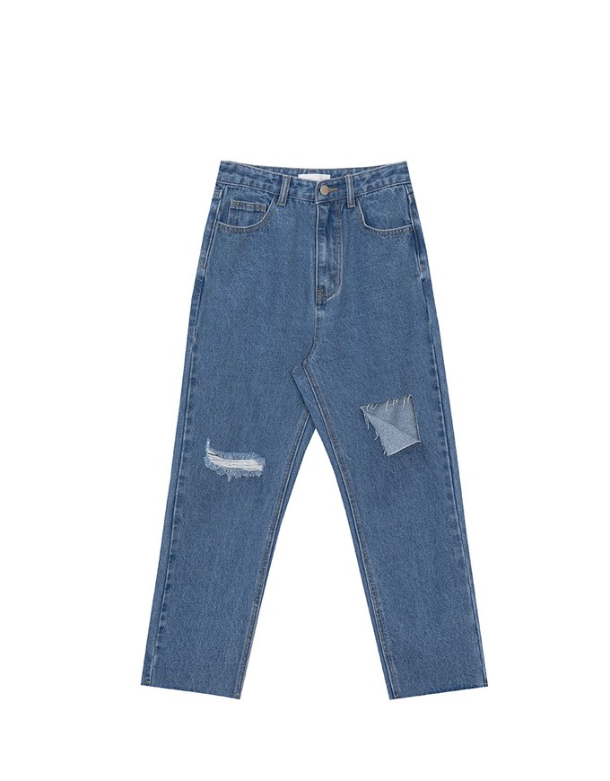 Asymmetric Ripped Frayed Hem Slim Fit Straight Leg Jeans Denim Pants