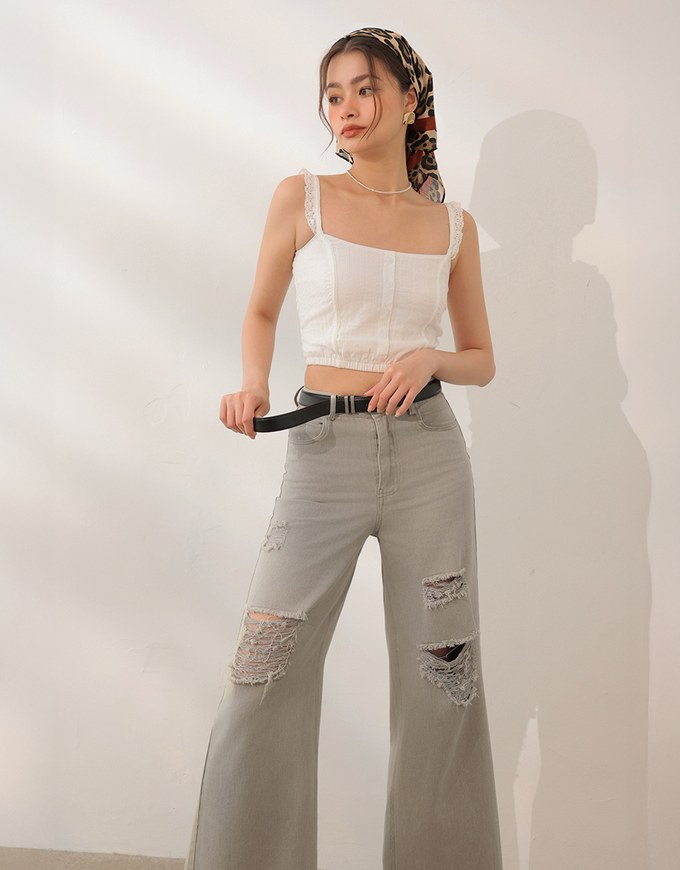 Raw Hem Distressed Detailed Wide Jeans Denim Pants with Belt