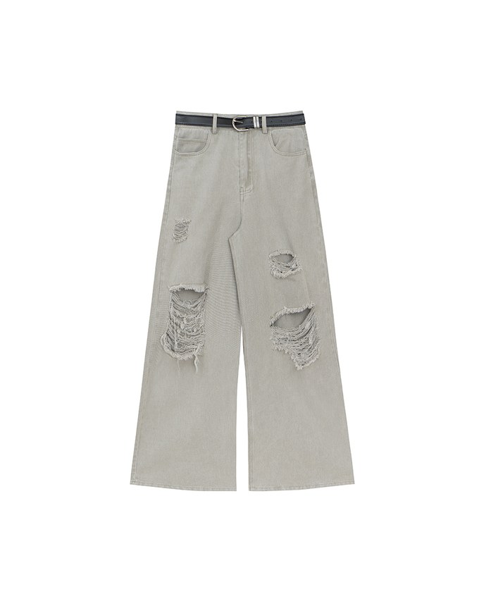 Raw Hem Distressed Detailed Wide Jeans Denim Pants with Belt