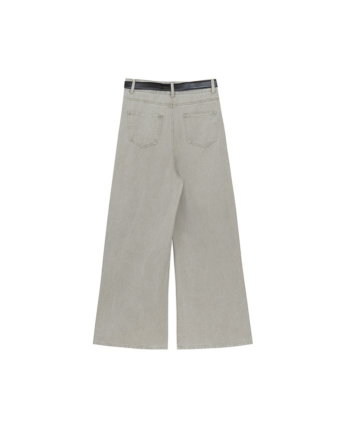 Raw Hem Distressed Detailed Wide Jeans Denim Pants with Belt