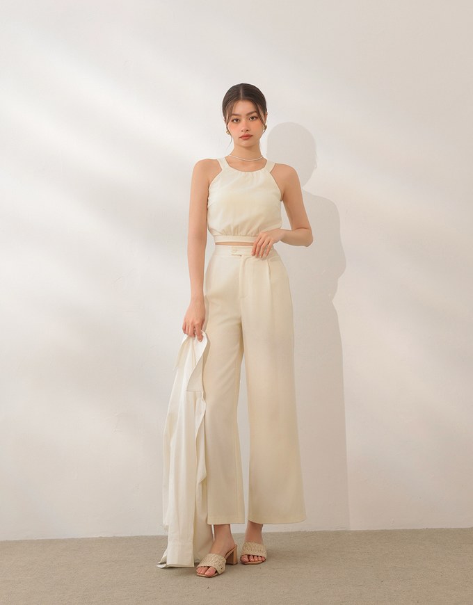 Textured Check High Waist Wide Leg Pleated Trousers