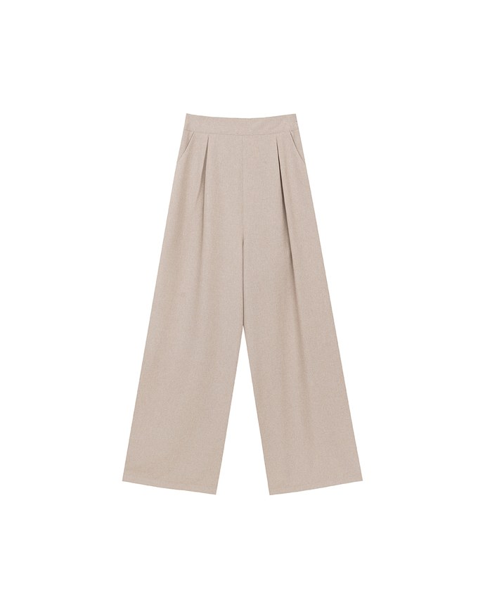 Straight Cut Pleated Tailored Wide Leg Long Trousers